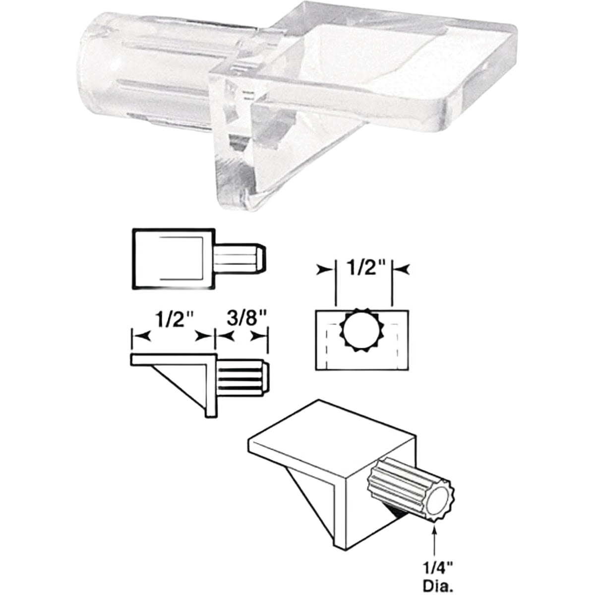 Clear butyrate shelf support with detailed measurements for shelving and storage organization projects under $50