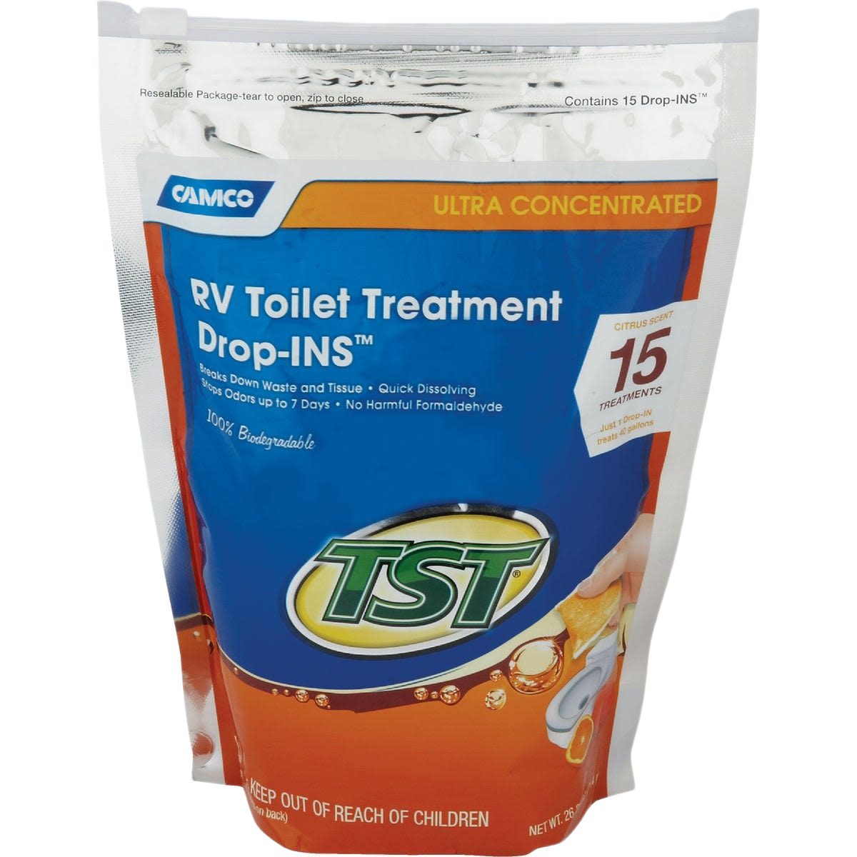 Resealable pouch of ultra concentrated RV toilet treatment drops with citrus scent for odor control and waste breakdown
