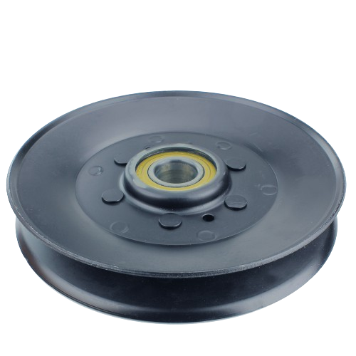 Black metal idler pulley with central bearing designed for tools and home improvement applications