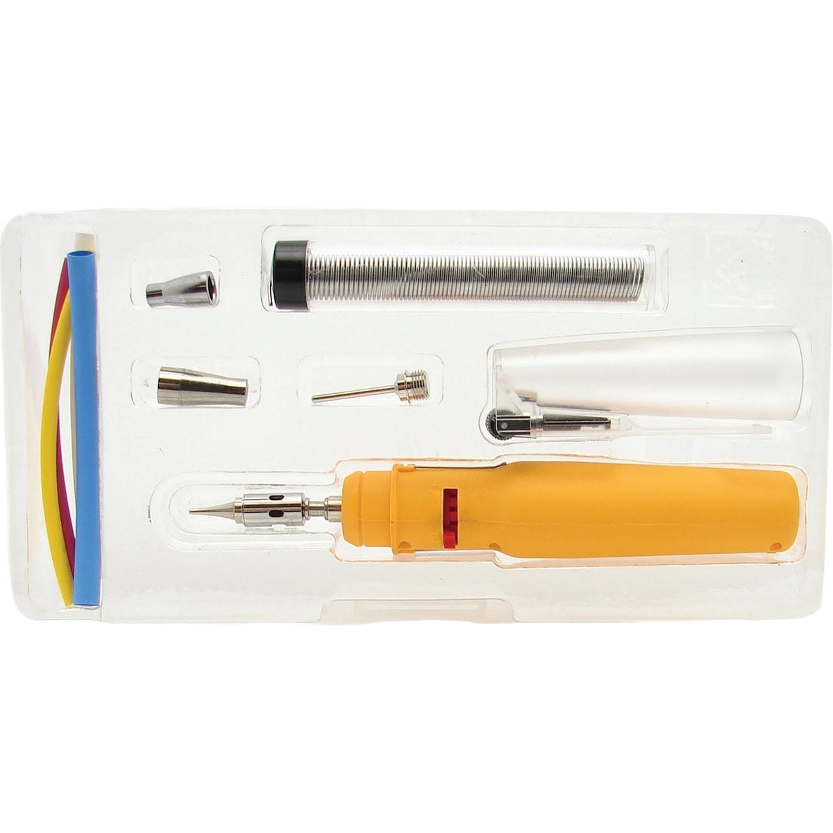 Compact butane-powered soldering iron kit with multiple tips, solder wire, and accessories for plumbing and home improvement tasks