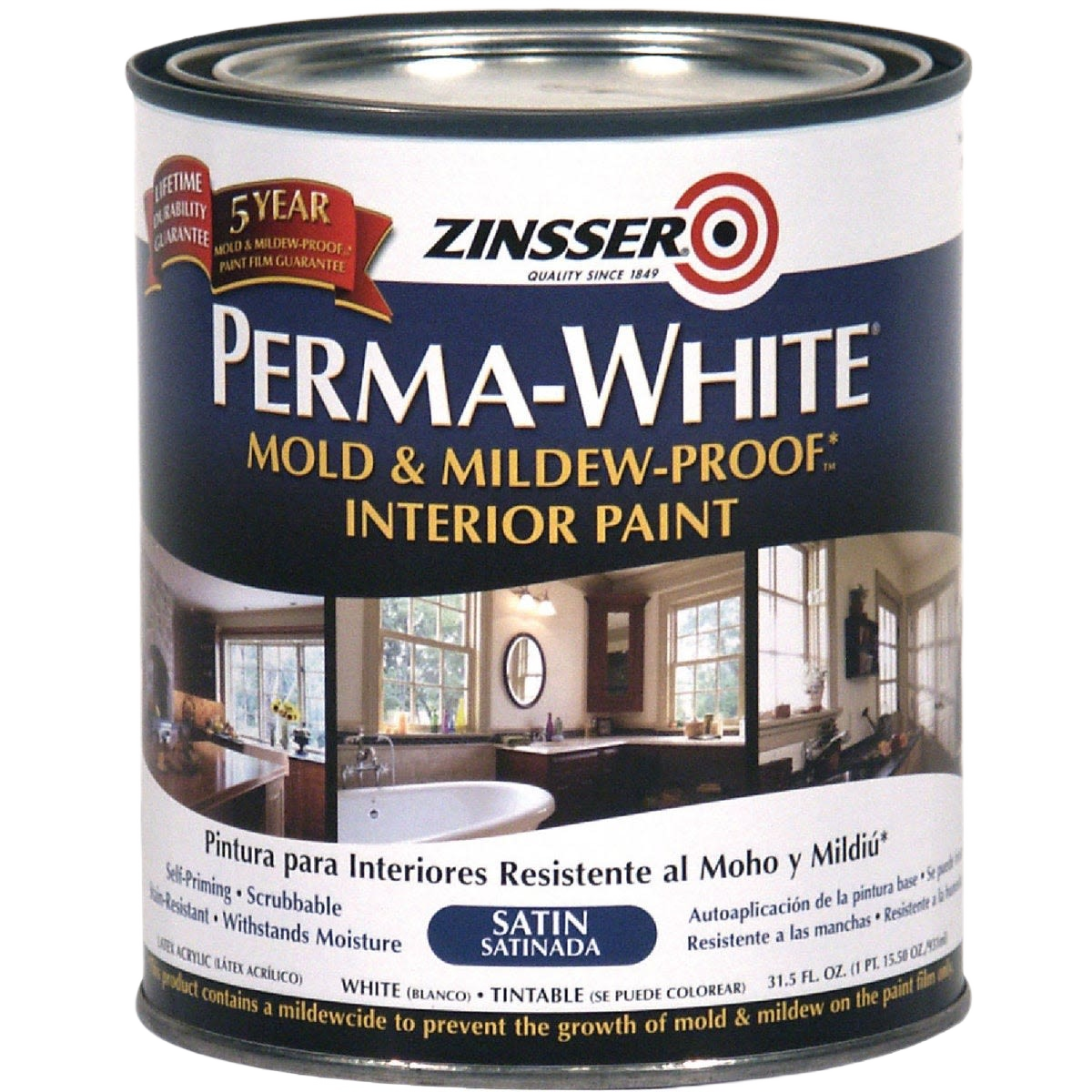 One quart can of satin white interior paint with mold and mildew resistance for home improvement and sealing projects under $50