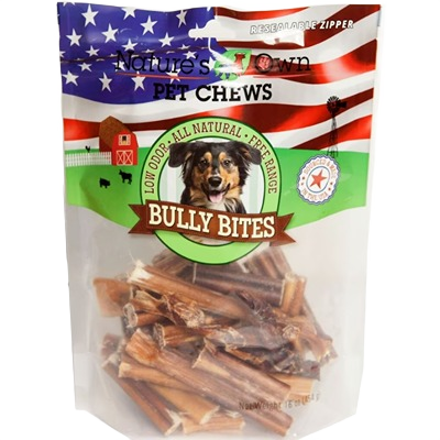 Resealable bag of all-natural bully bites dog chew treats, low odor and free-range, in pet supplies under $50 collection