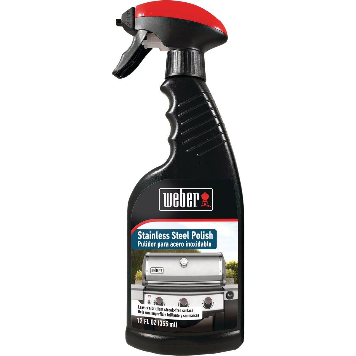 Spray bottle of stainless steel polish for cleaning grills and outdoor stainless steel surfaces in cleaning supplies collection
