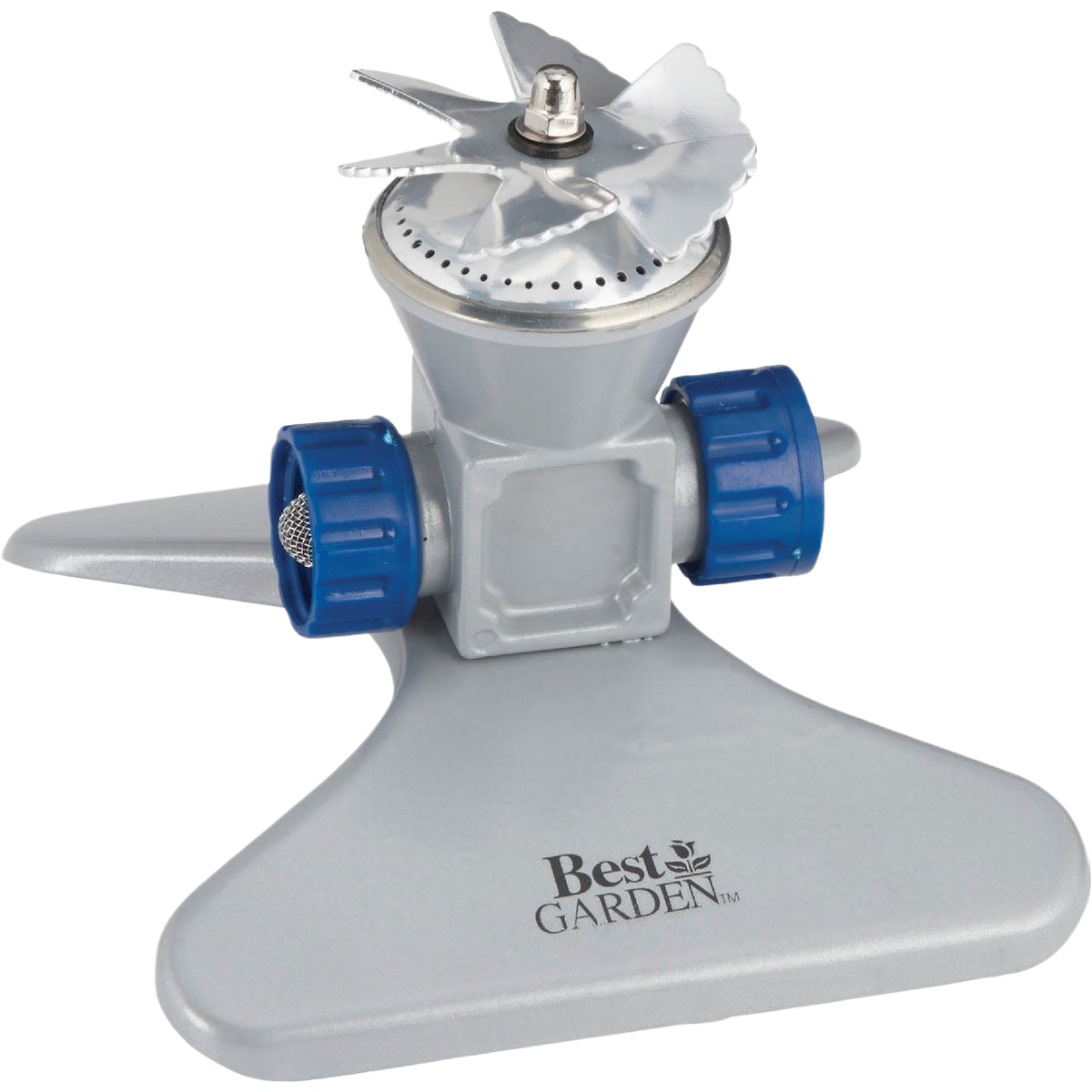 Metal rotary sprinkler with six blades and blue connectors designed for home improvement and garden use