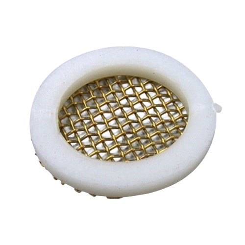 Round faucet aerator repair screen with white plastic rim and brass mesh for plumbing and faucet maintenance