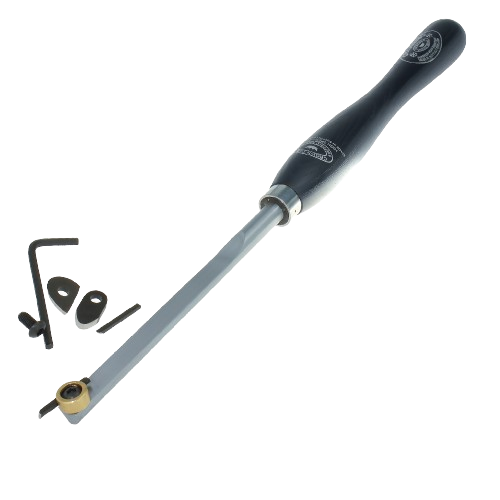 Long-handled hollowing tool with black handle and metal shaft, including small adjustment parts for woodworking tasks