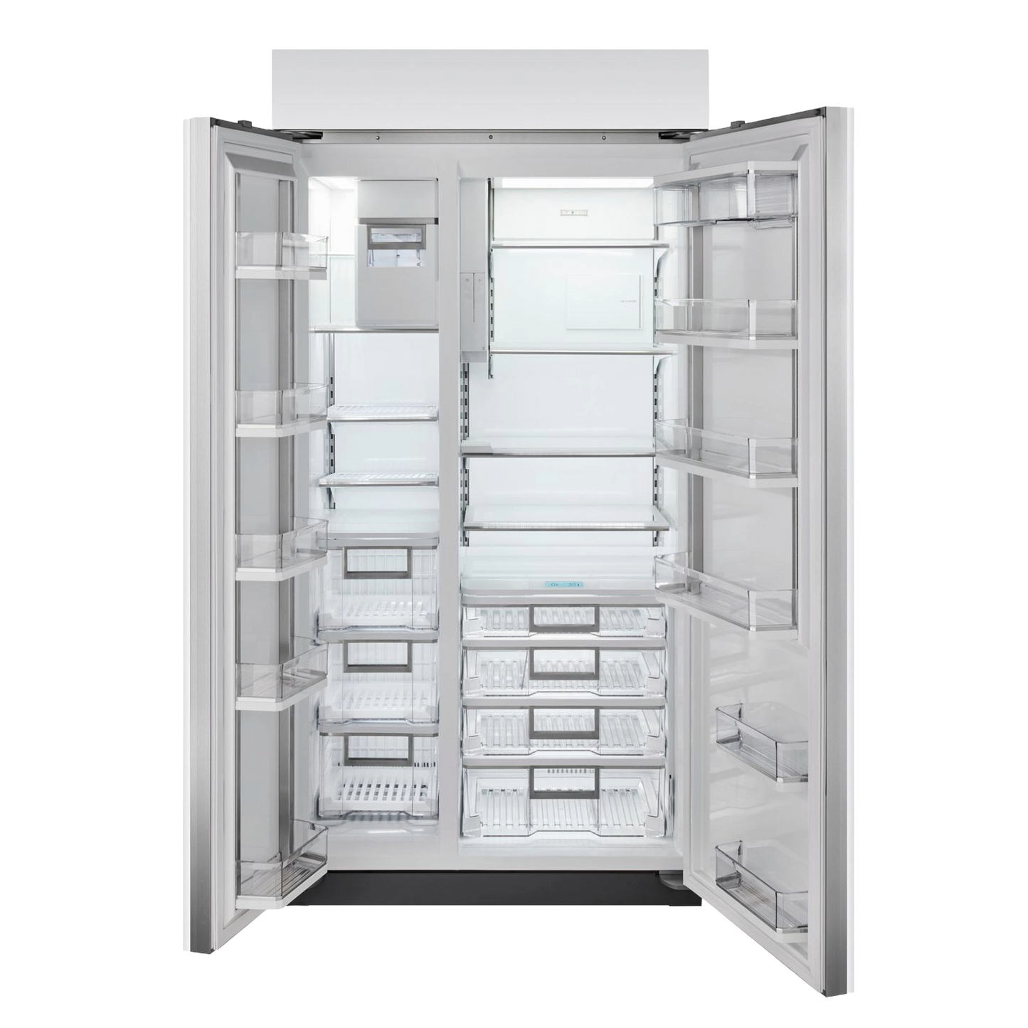 Open stainless steel side-by-side refrigerator with multiple adjustable shelves and clear door bins in kitchen appliances collection