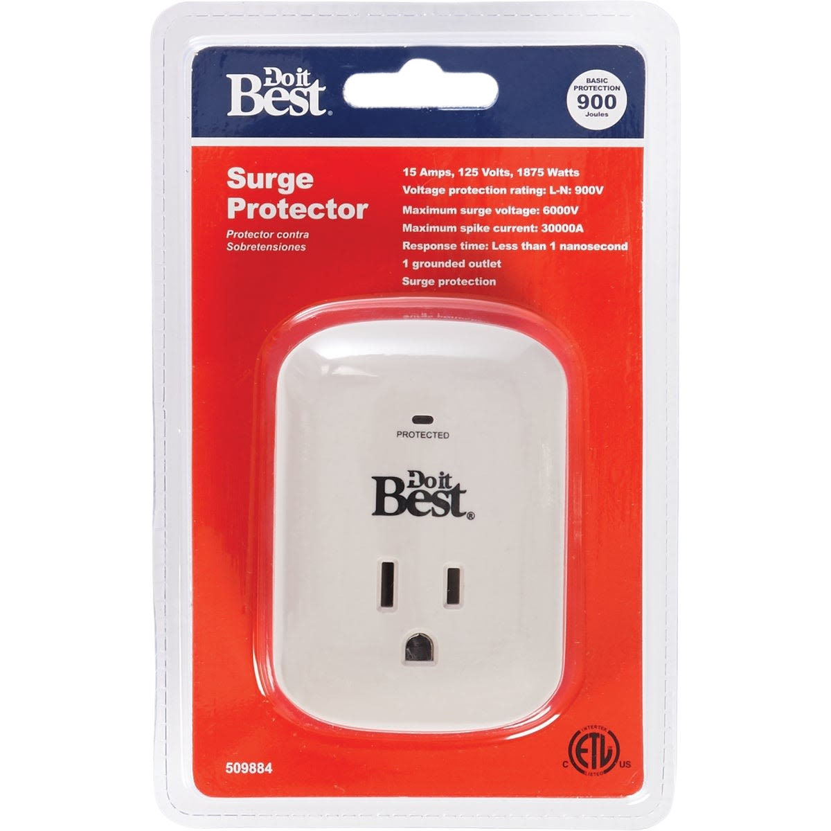 Gray single outlet surge tap with 900J protection in retail packaging for electrical and home improvement use