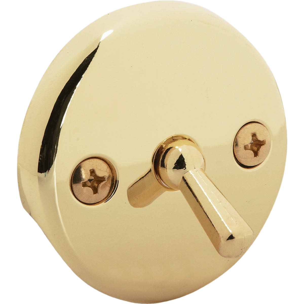 Polished brass two-hole bath drain face plate with lever handle for home improvement projects