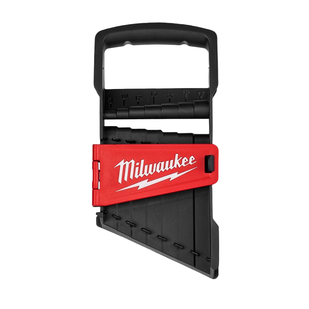 Compact black and red Milwaukee wrench organizer with handle for easy transport and home improvement tool storage