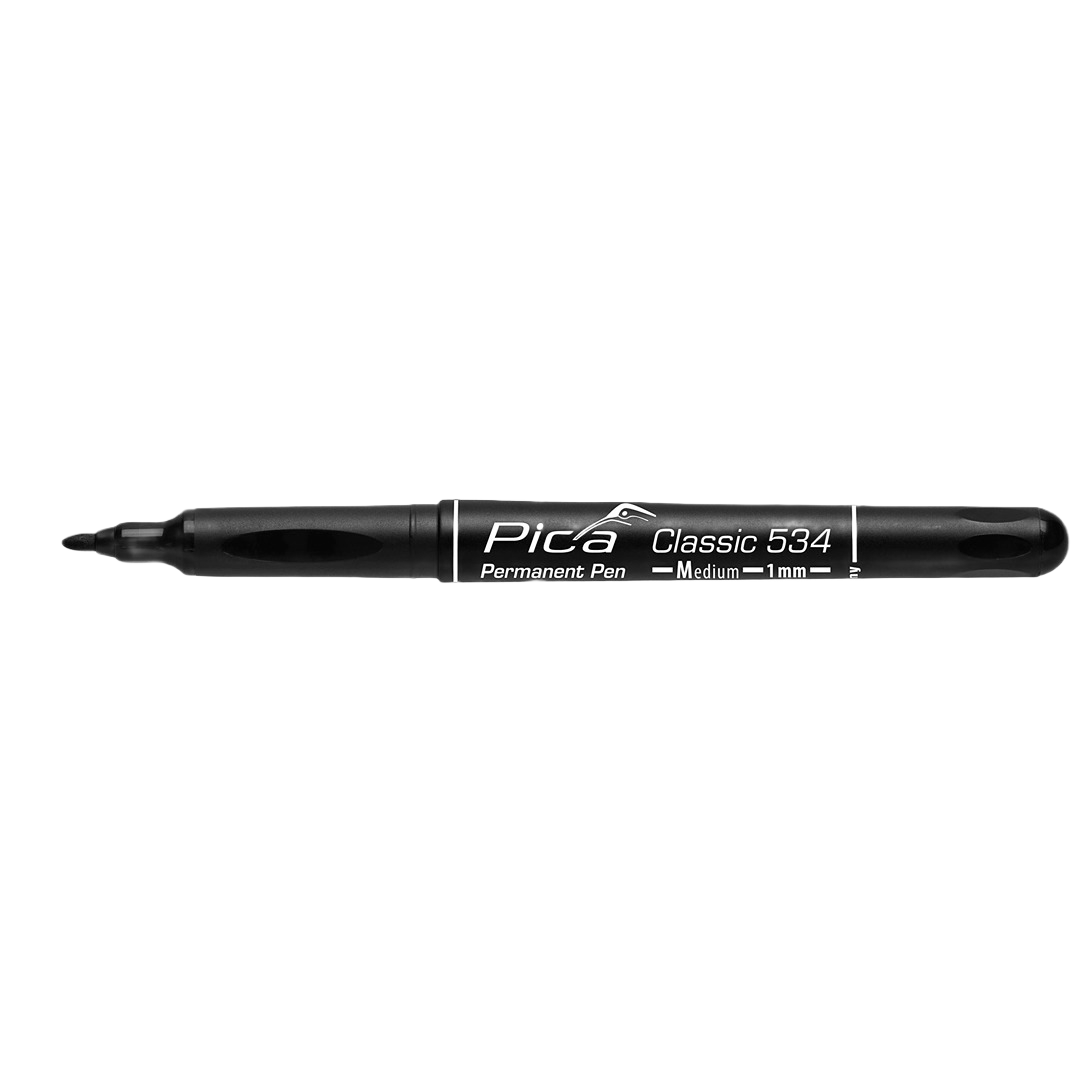 Black medium nib permanent pen with water-resistant ink for woodworking, measuring, and home improvement tasks.