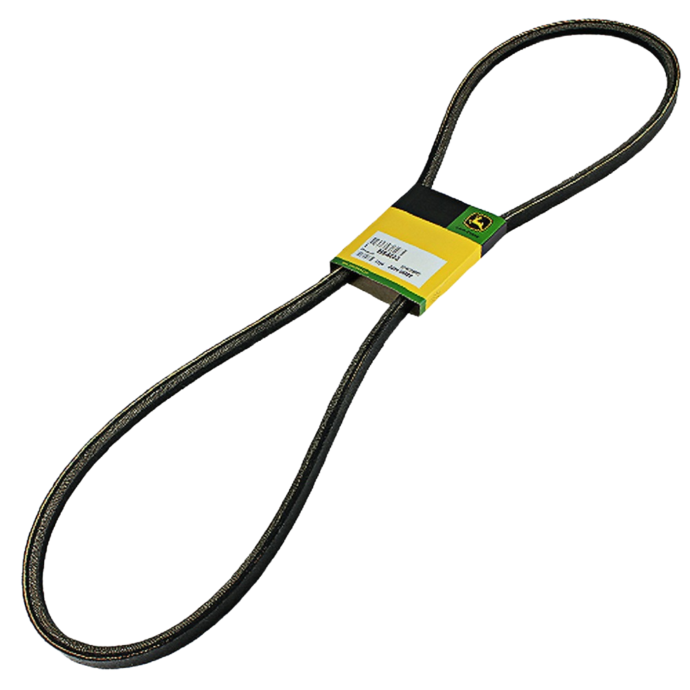 Black rubber primary deck drive belt with green and yellow John Deere branded packaging for home improvement tools