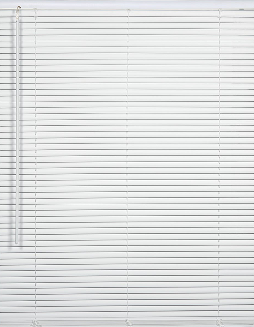 White vinyl cordless mini blind with horizontal slats and side control rod for easy light adjustment in home improvement projects