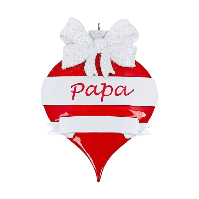 Red teardrop Christmas ornament with white bow and personalized "Papa" script from Christmas tree decorations under $50 collection