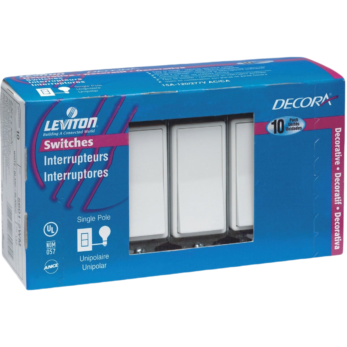 Blue packaging box showing a set of white rocker style light switches for home improvement tasks