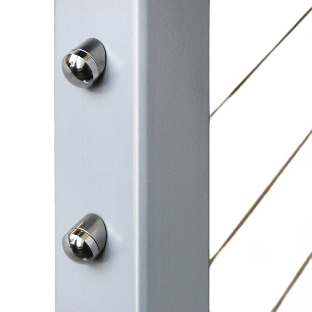 Close-up of stainless steel beveled washers securing hardware on a metal post for home improvement applications