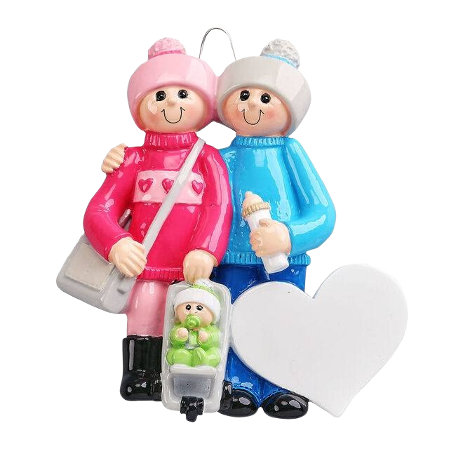 Festive ornament showing new parents in winter clothes with baby in stroller and heart decoration under $50 Christmas decor