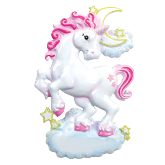 White unicorn with pink mane, tail, and hooves standing on a cloud with stars for Christmas tree decor