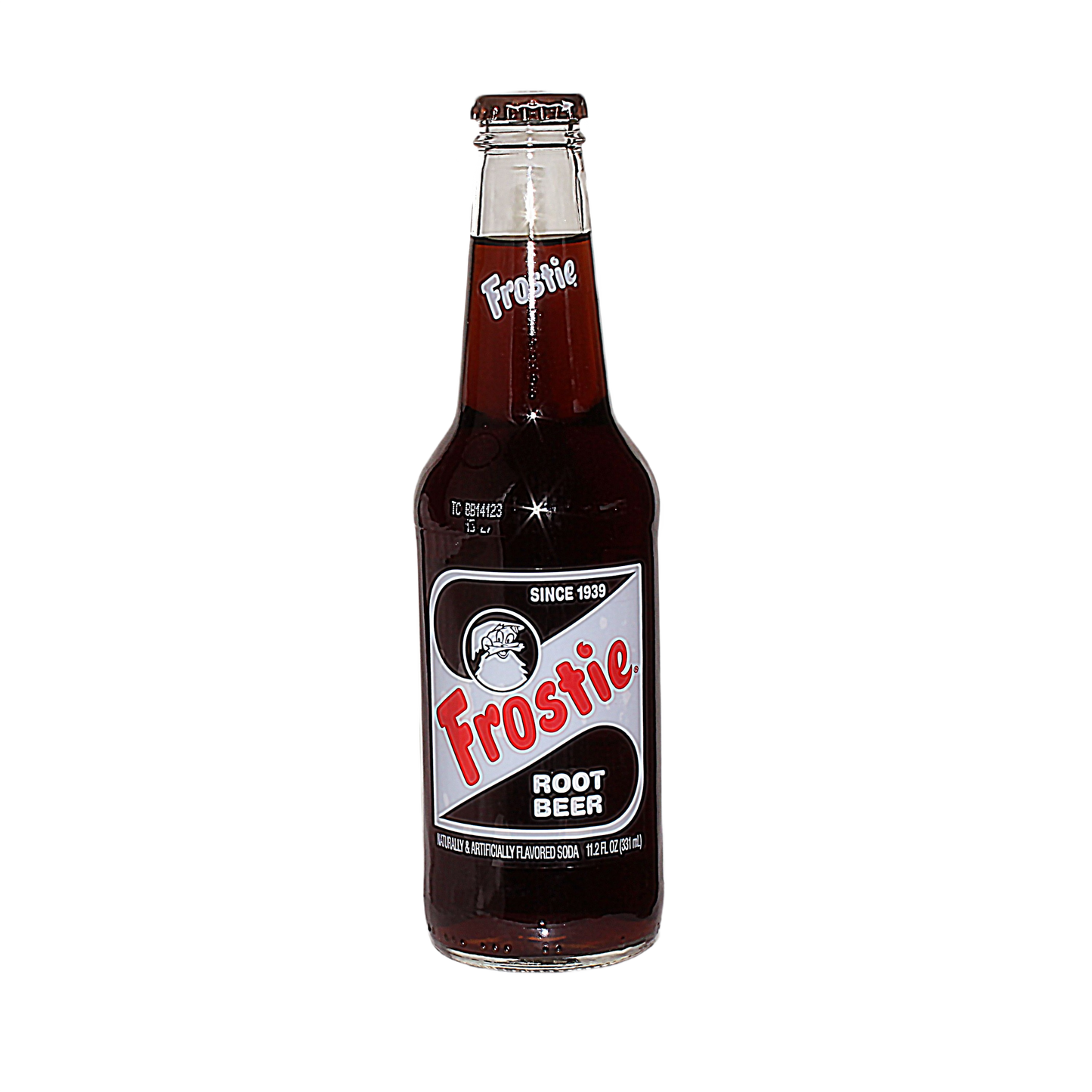 Glass bottle of Frostie Root Beer featuring vintage label design for Drinks and Food & Beverage collections under $25