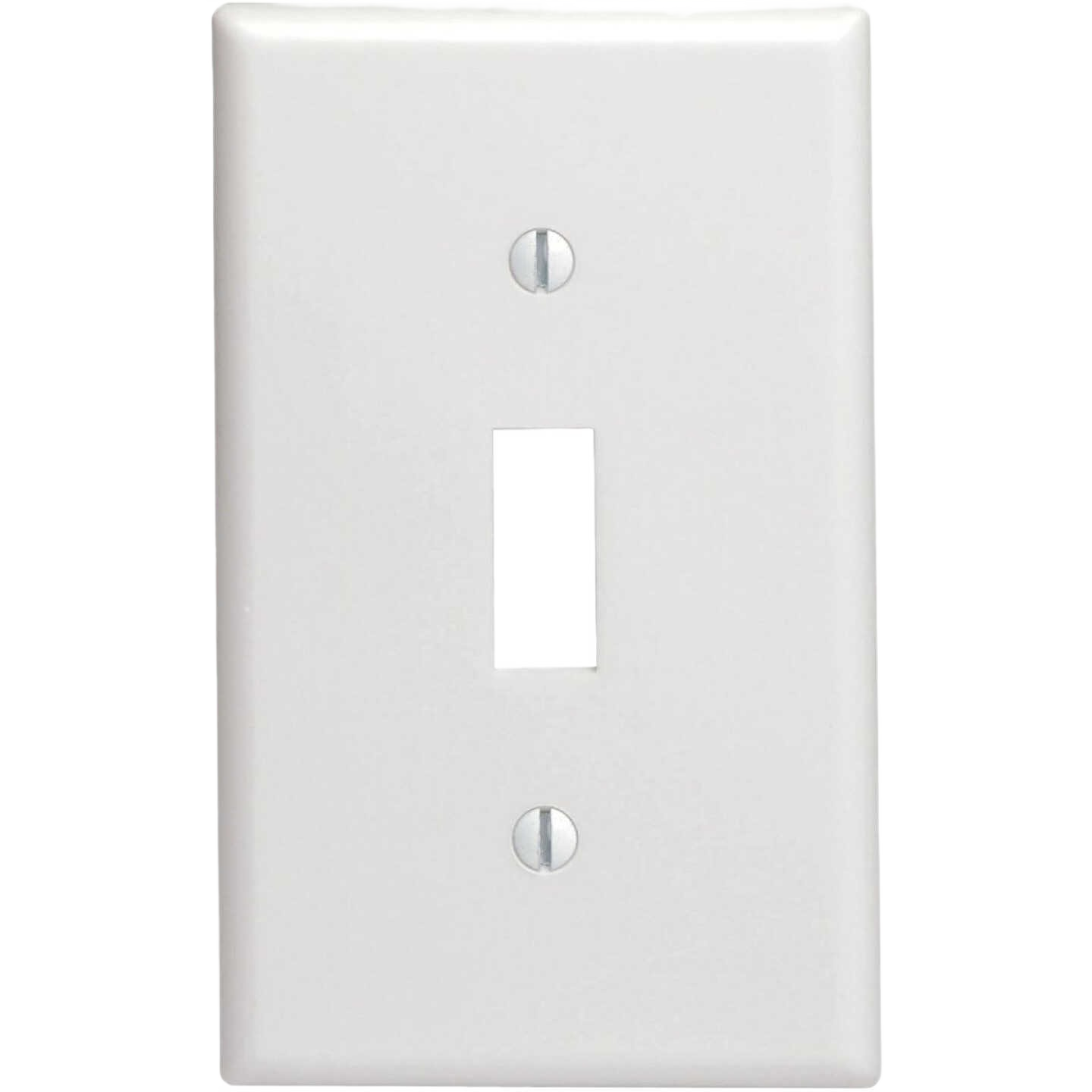 White plastic 1-gang toggle switch wall plate with two mounting screws for home improvement projects