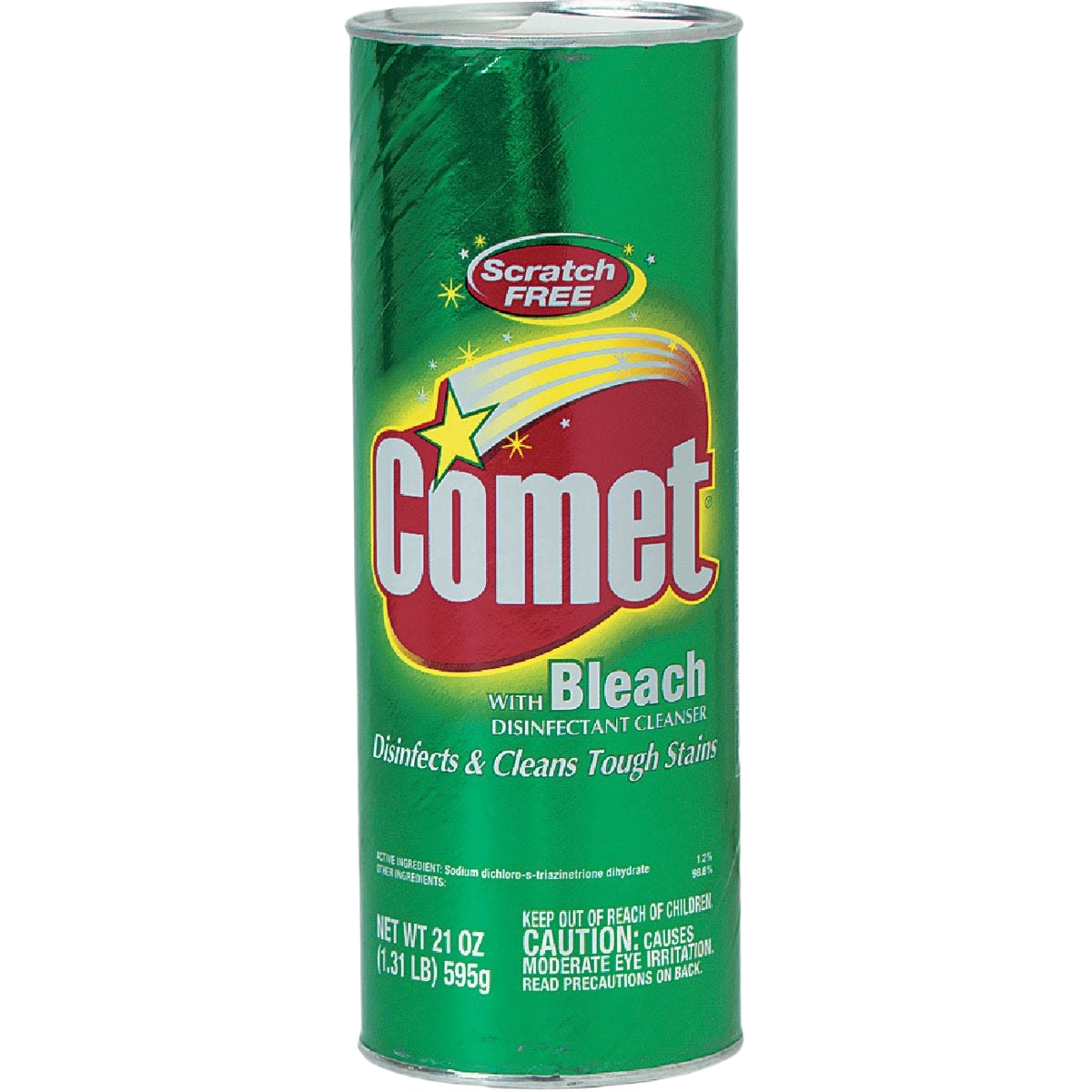 Tall green can of Comet cleanser with bleach disinfectant for tough stain cleaning in cleaning supplies collection
