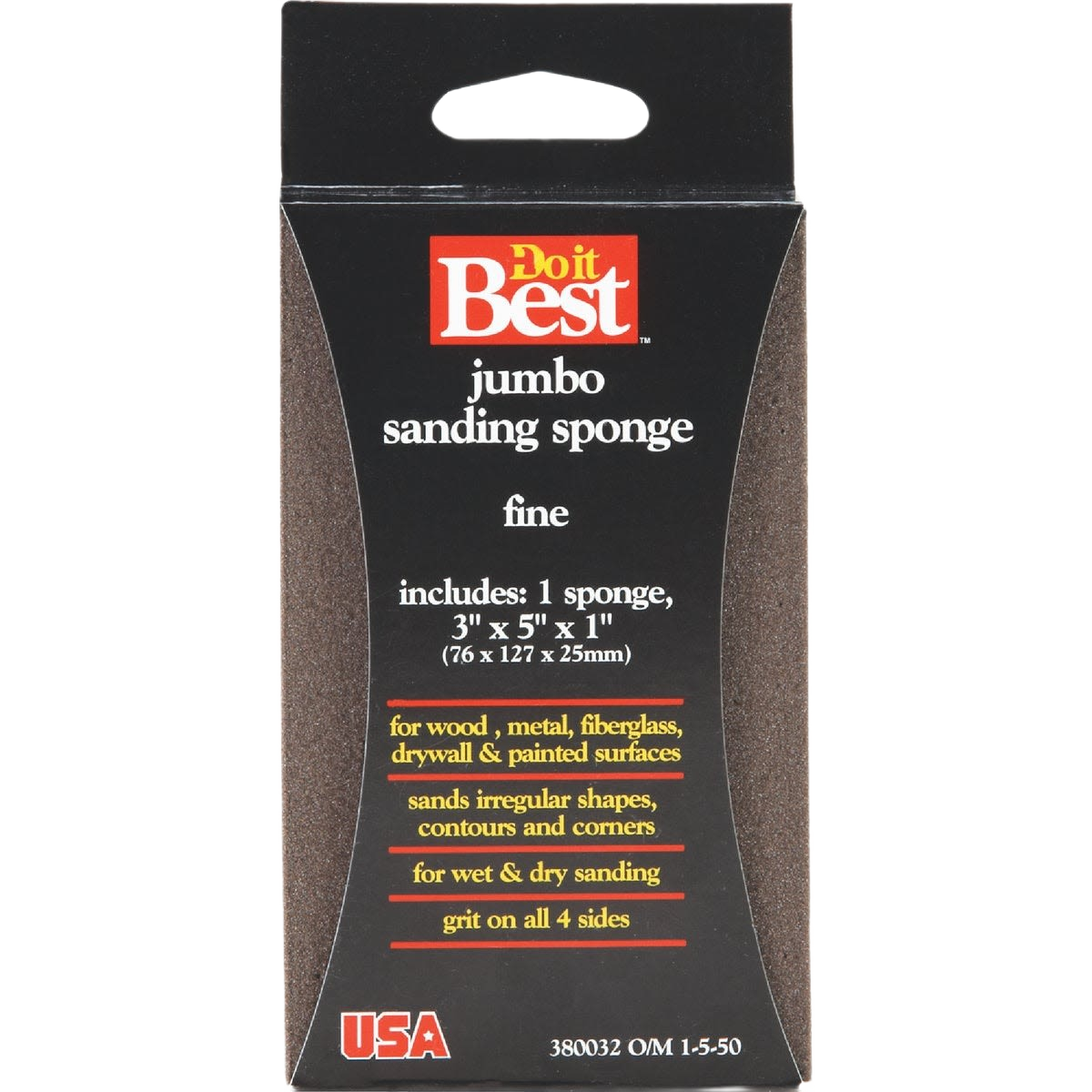 Fine grit jumbo sanding sponge for wood, metal, and drywall with four-sided sanding surface for home improvement tasks