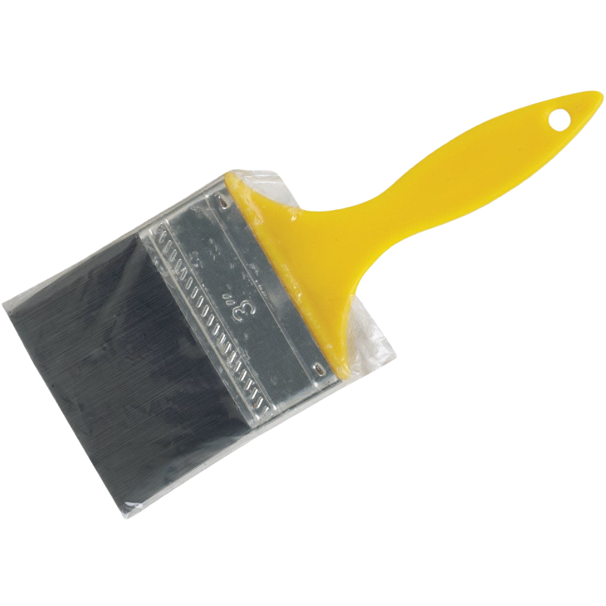 3-inch flat paint brush with yellow plastic handle and synthetic polyolefin bristles for home improvement projects