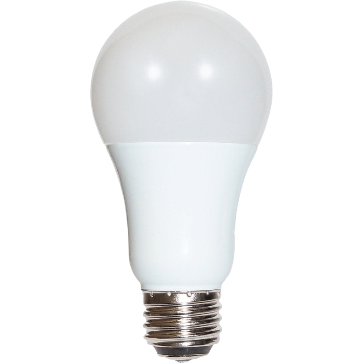 White medium LED light bulb with metal screw base for use in lighting and electrical fixtures