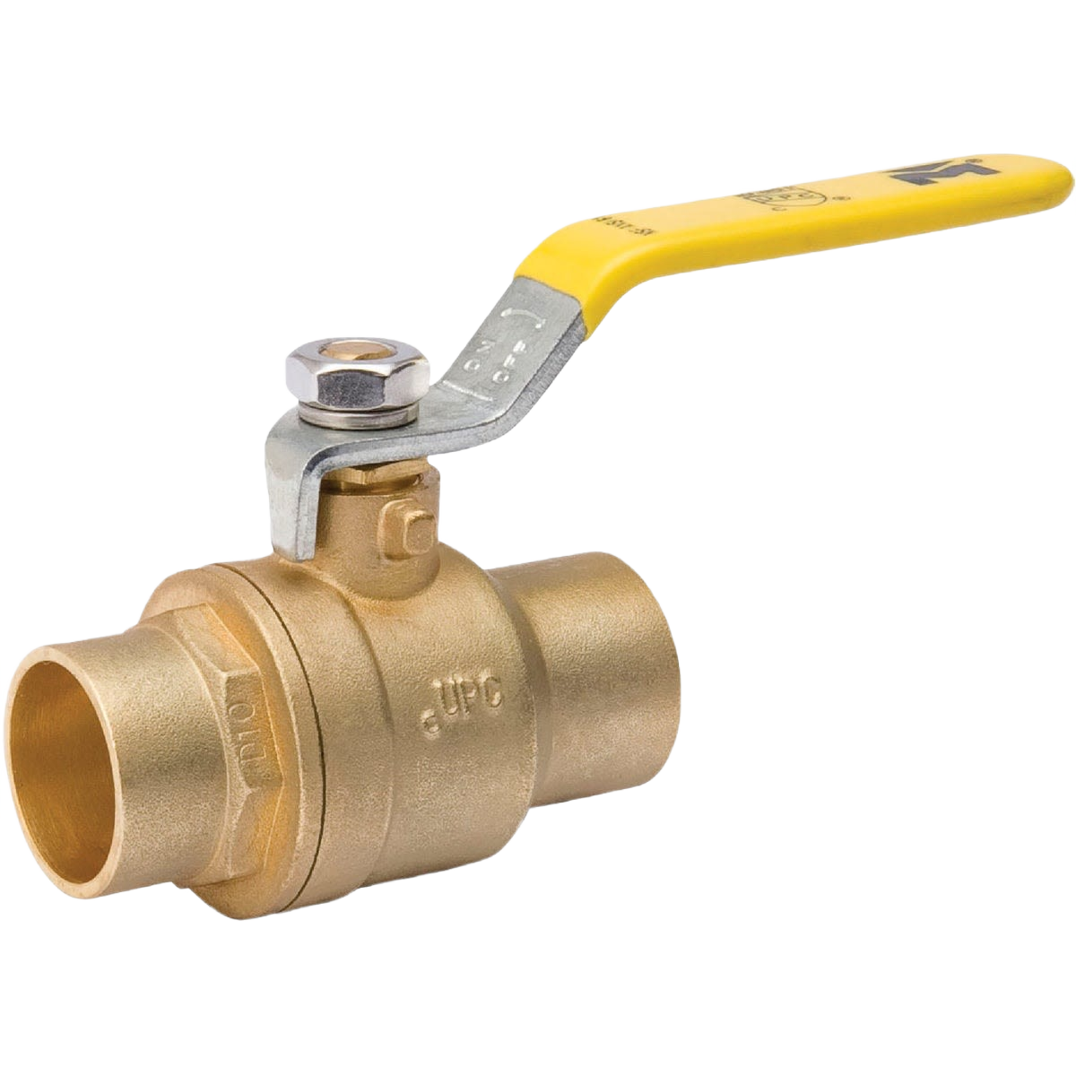 Brass full port ball valve with yellow lever handle for plumbing and home improvement projects