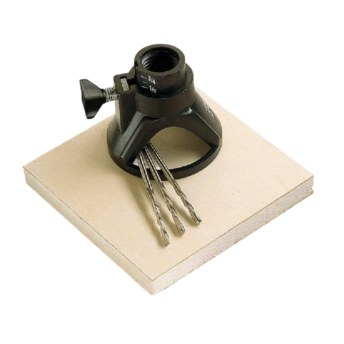 Black multipurpose cutting attachment with drill bits on beige board from power tool accessories collection