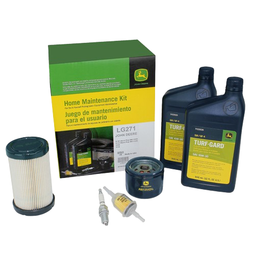 John Deere home maintenance kit with oil filter, fuel filter, spark plug, oil bottles, and air filter for tools and home care tasks