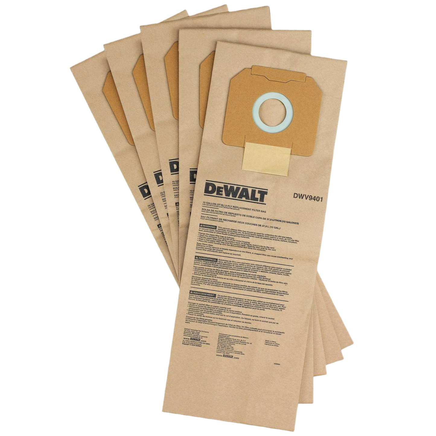 Pack of five brown paper dust bags designed for dust extractor use in tools and home improvement tasks