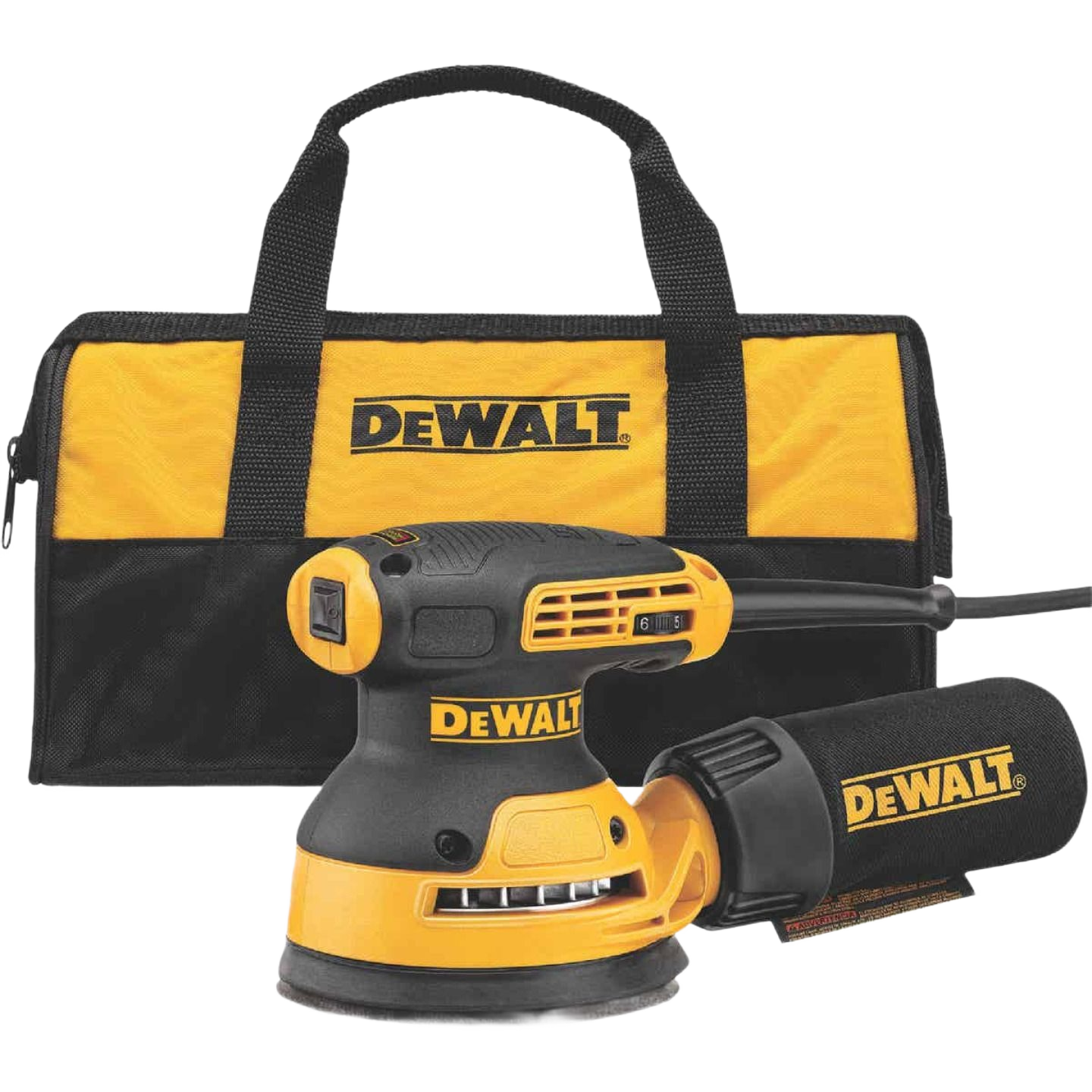Yellow and black variable speed random orbit sander with dust collection bag and carrying tool bag for home improvement tasks