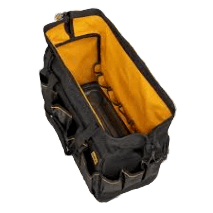 Black and yellow tool bag with open top and water-resistant compartment for workshop and jobsite storage under 100 dollars