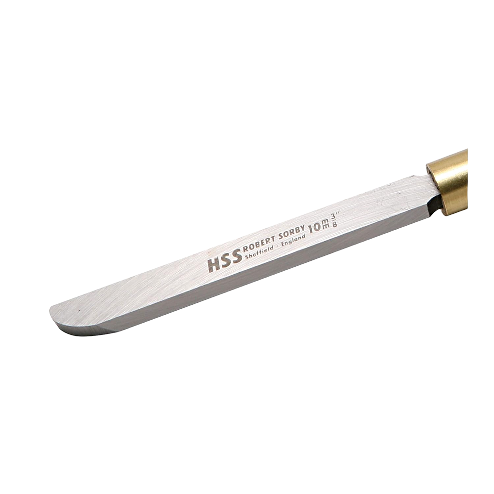Curved high-speed steel scraper blade with engraved branding for precision woodturning in woodworking tools collection