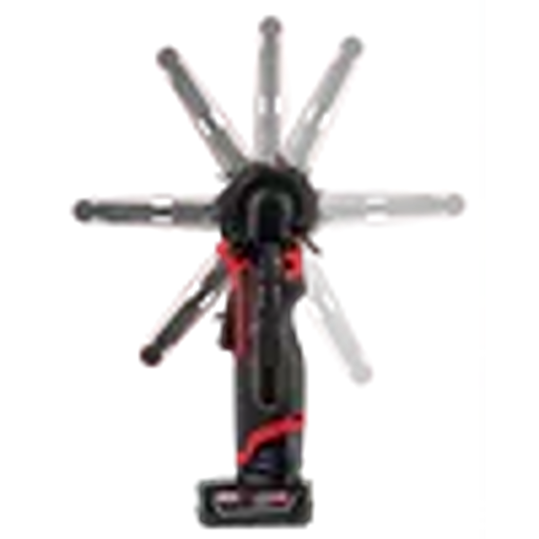 Compact cordless sanding tool with multiple adjustable arm positions for versatile use in home improvement tasks