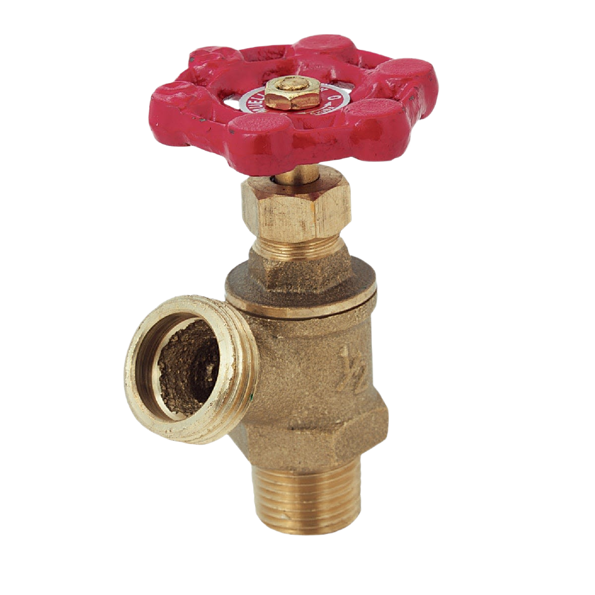Brass boiler drain valve with red handwheel and threaded connectors for plumbing and home improvement projects