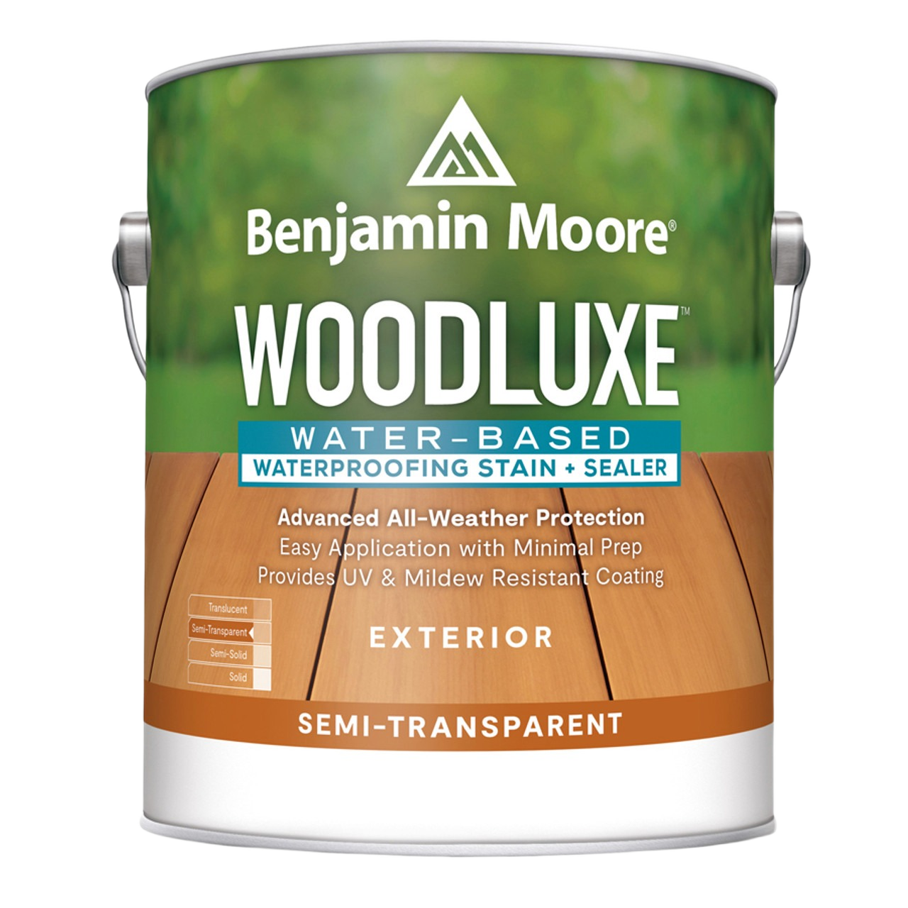Green and brown can of Benjamin Moore Woodluxe water-based exterior semi-transparent stain and sealer from exterior stains collection