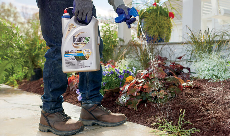 Person applying 1-gallon dual action weed and grass killer with trigger sprayer in garden bed for lawn care under $50