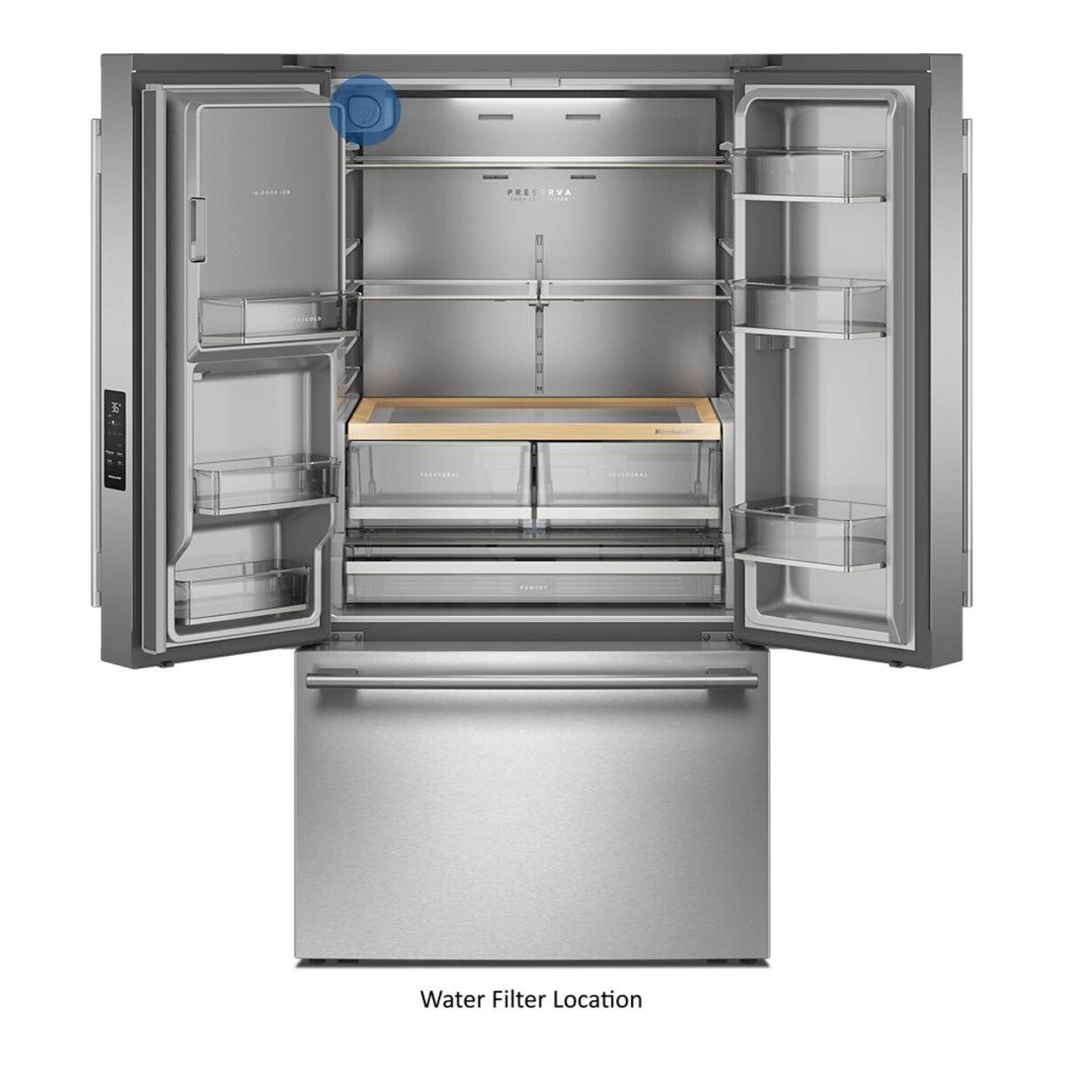 30 Cu. Ft. 36-Inch French Door Refrigerator with Exterior Water and Ice Dispenser and Wood-Look Sliding Tray in Black Ore