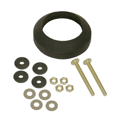 Rubber gasket and mounting hardware set including bolts, nuts, and washers for toilet tank connection in home repair tasks
