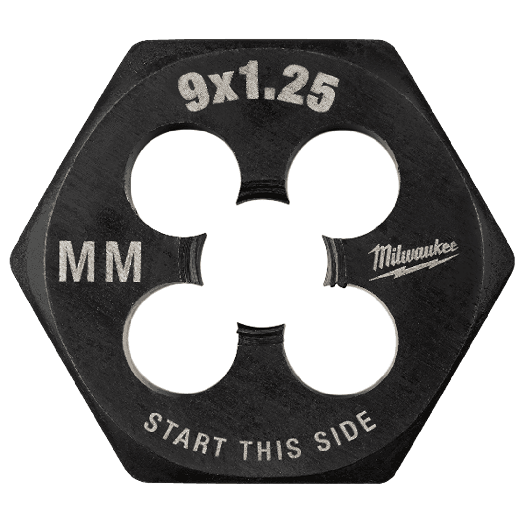Black hexagonal metric threading die with 9x1.25 mm size markings for tools and home improvement use