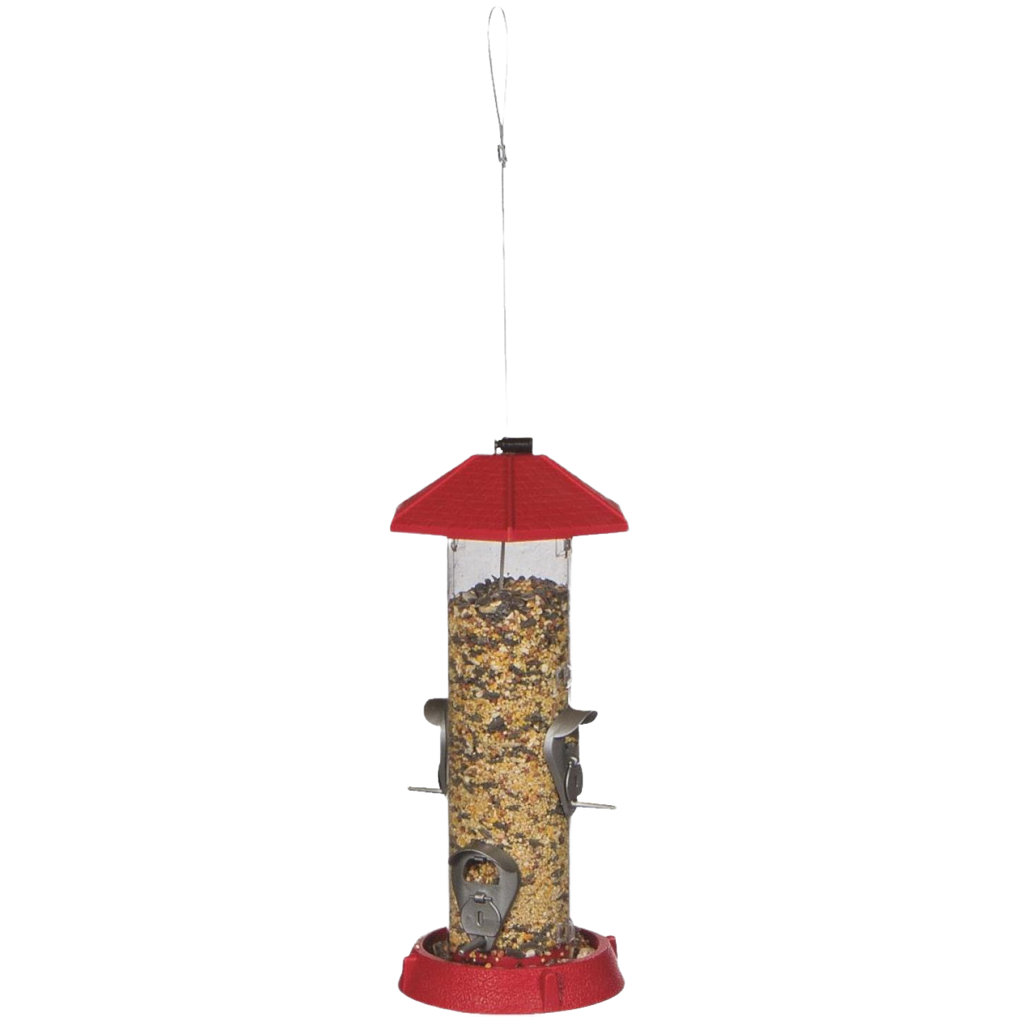 Hinged bird feeder with red roof and base, transparent center filled with mixed birdseed for outdoor feeding
