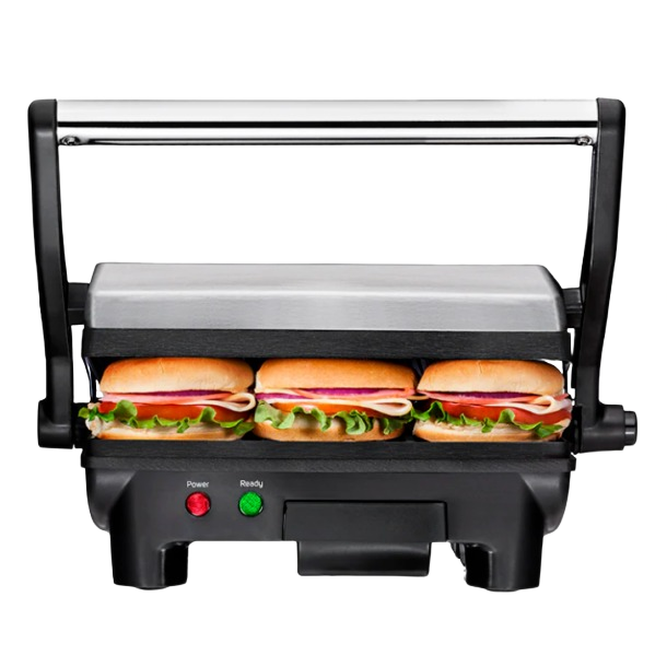 Electric grill and panini press with stainless steel finish, cooking three sandwiches in small kitchen appliances collection