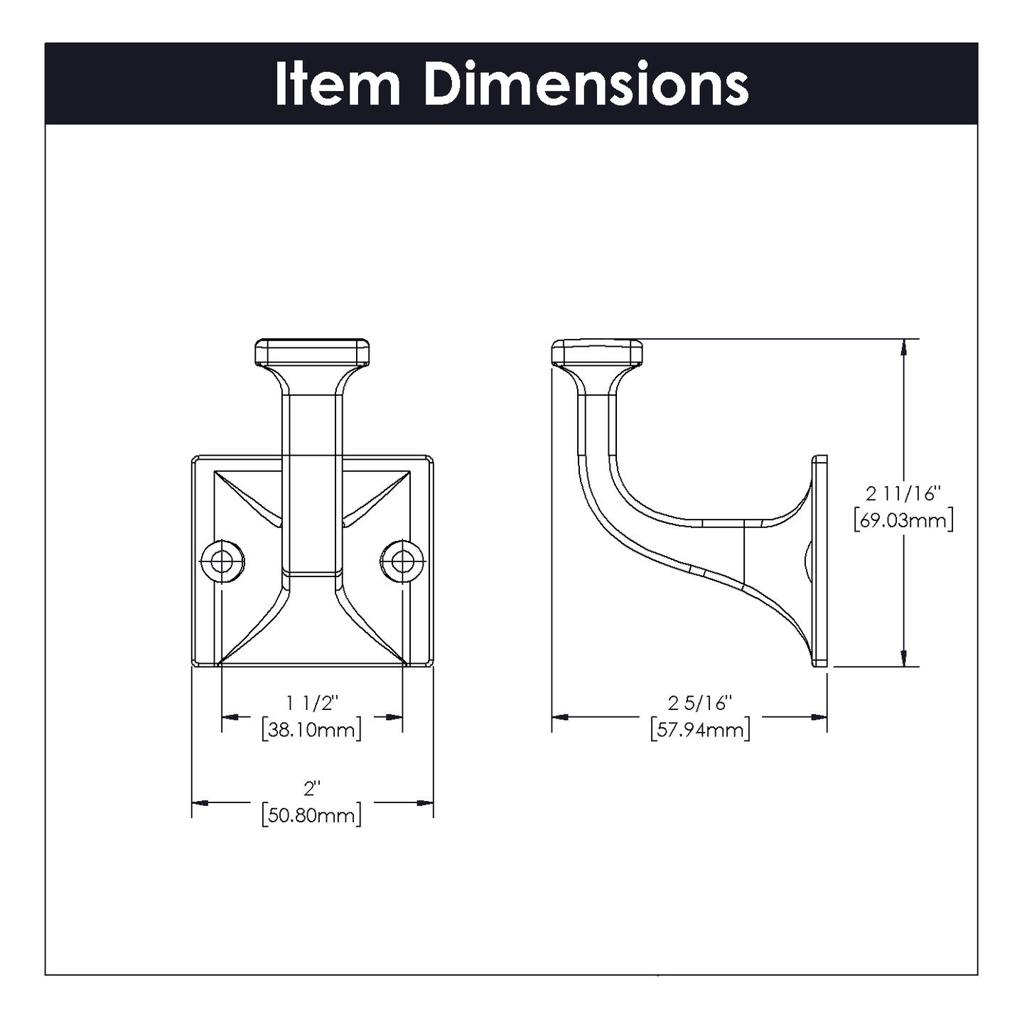 Technical line drawing showing detailed dimensions of a satin nickel long forge hook for home organization projects
