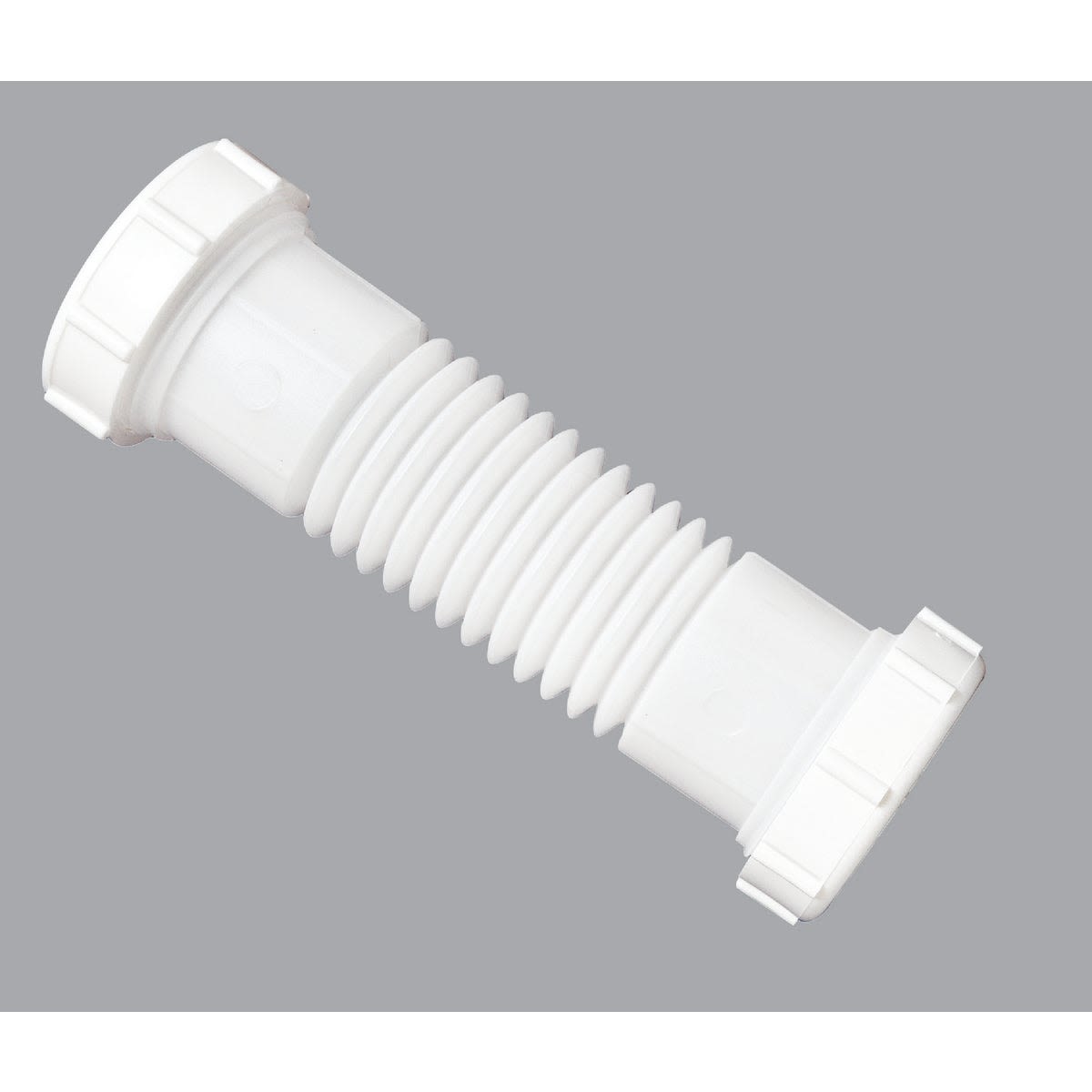 Flexible white plastic plumbing coupler with threaded ends for drain repair in plumbing parts and accessories collections