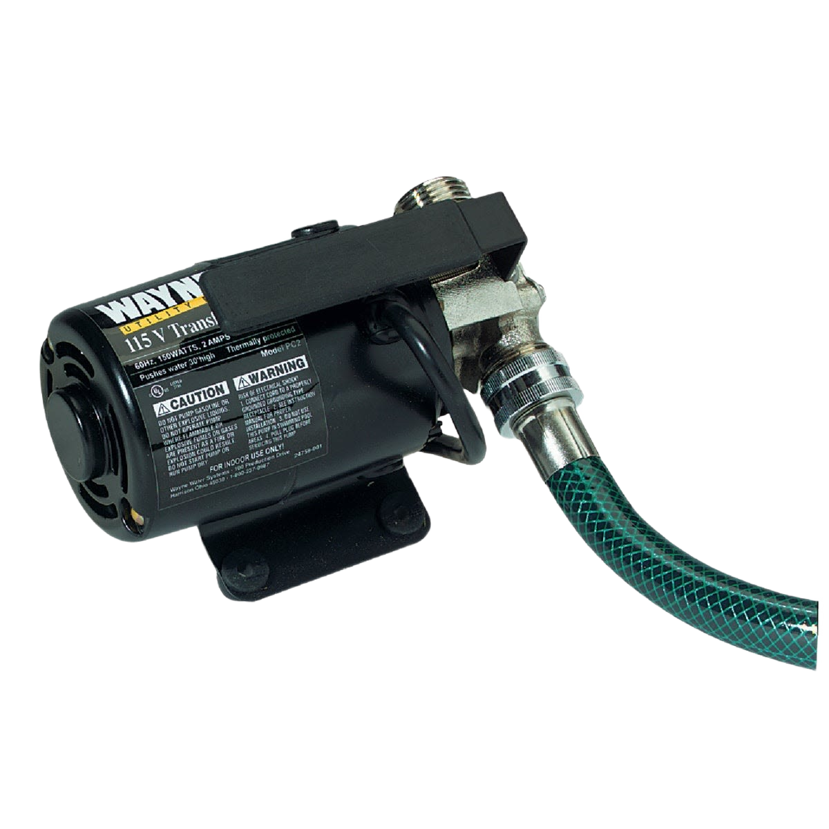 Compact black electric transfer pump with attached green braided hose for home improvement and water transfer tasks