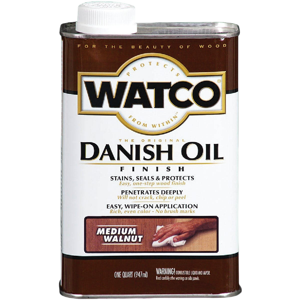 Metal container of Watco Medium Walnut Danish Oil Finish with wood care instructions for home improvement use