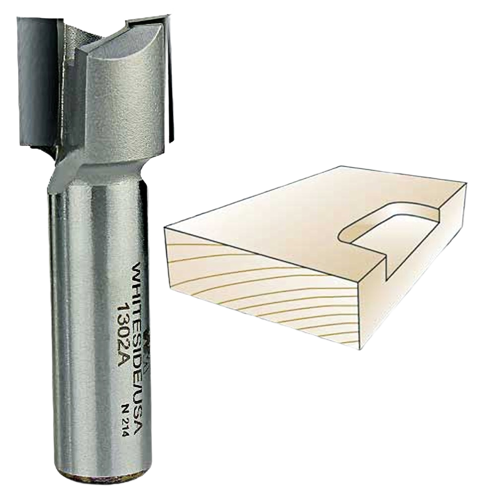 Whiteside mortising bit next to a wooden block showing a clean hinge mortise cut for precision tool accessories