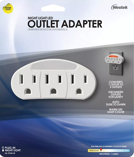 White LED outlet adapter with warm dusk to dawn light converting one outlet into three for electrical and lighting collections